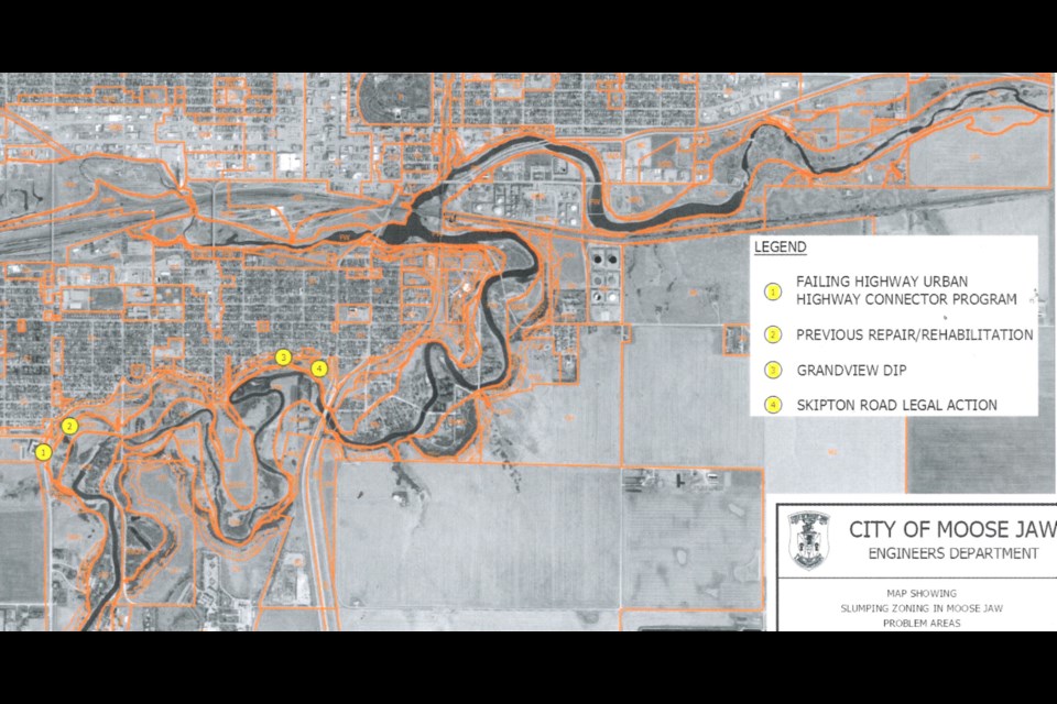 A map from the City of Moose Jaw shows the four areas where soil slumping is found to be in poor condition. Photo courtesy City of Moose Jaw