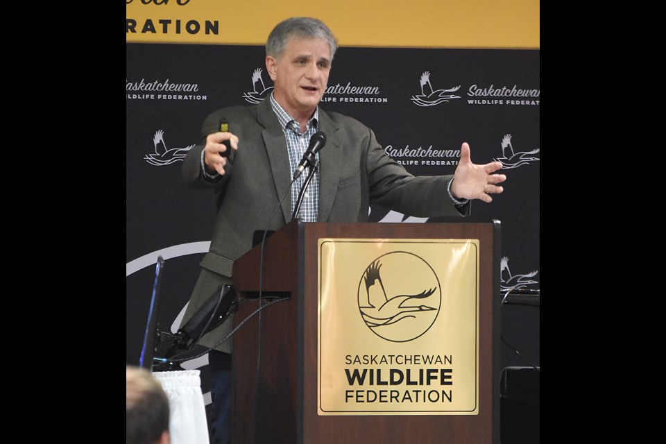 Environmental advocate and third generation forester and logger Bruce Vincent delivers the keynote address at the 90th annual Saskatchewan Wildlife Federation conference on Saturday.