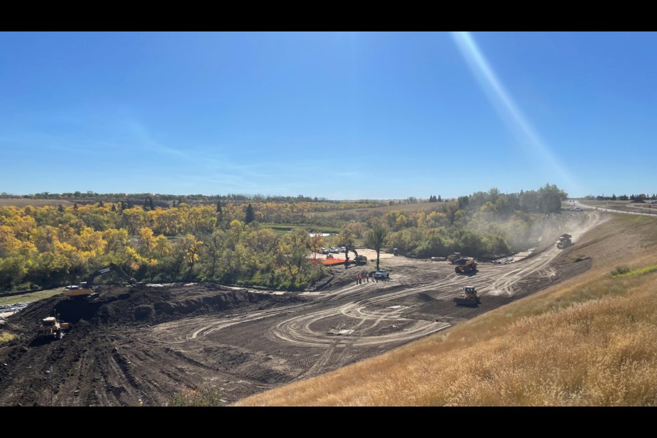 A view of the work happening in Wakamow Valley to shore up Ninth Avenue Southwest. Photo courtesy Ministry of Highways