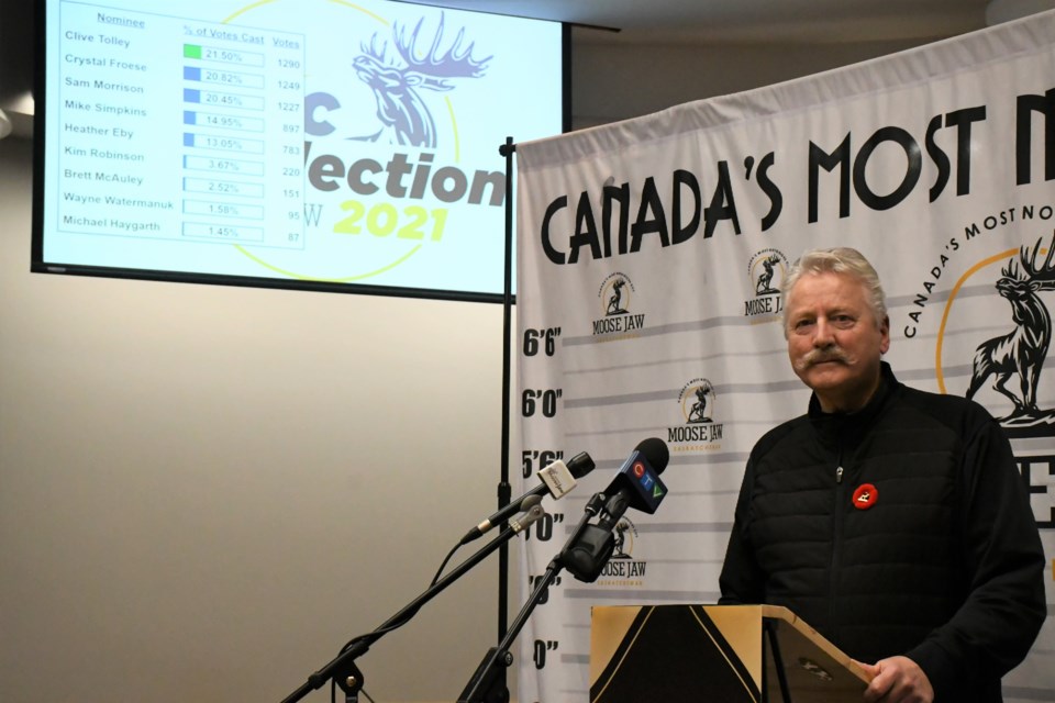 Clive Tolley poses for a picture before speaking with the media, while the results of the mayoral byelection are behind him. Photo by Jason G. Antonio 