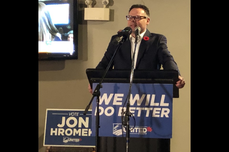 Sask. United Party leader Jon Hromek addresses candidates and supporters at the party's election night headquarters in Lumsden. Photo by Jason G. Antonio