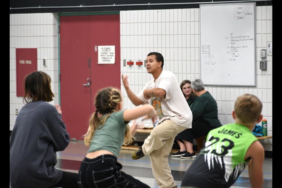 Tyler Layton-Olson with Vancouver-based Jess Dance instructs Grade 5 students at Sunningdale Elementary School during his tour of Saskatchewan on Sept. 19.