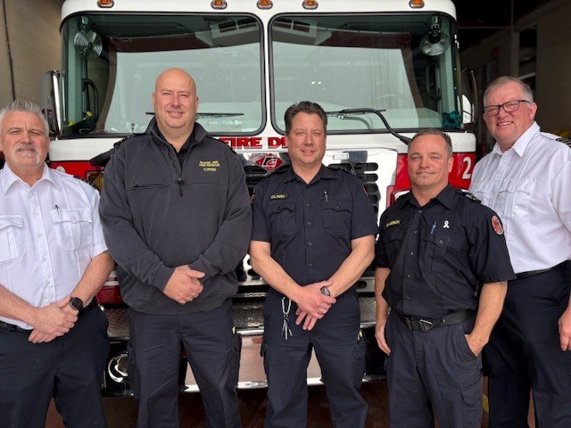 Members of B Platoon who received the Exemplary Service Medal this March. From left to right: Deputy Chief Mike Russell stands with Senior Captain Chris Luiten, Captain Ian Clark, fire inspector, Captain Jeremy Sanderson, and Chief Rod Montgomery on the right.