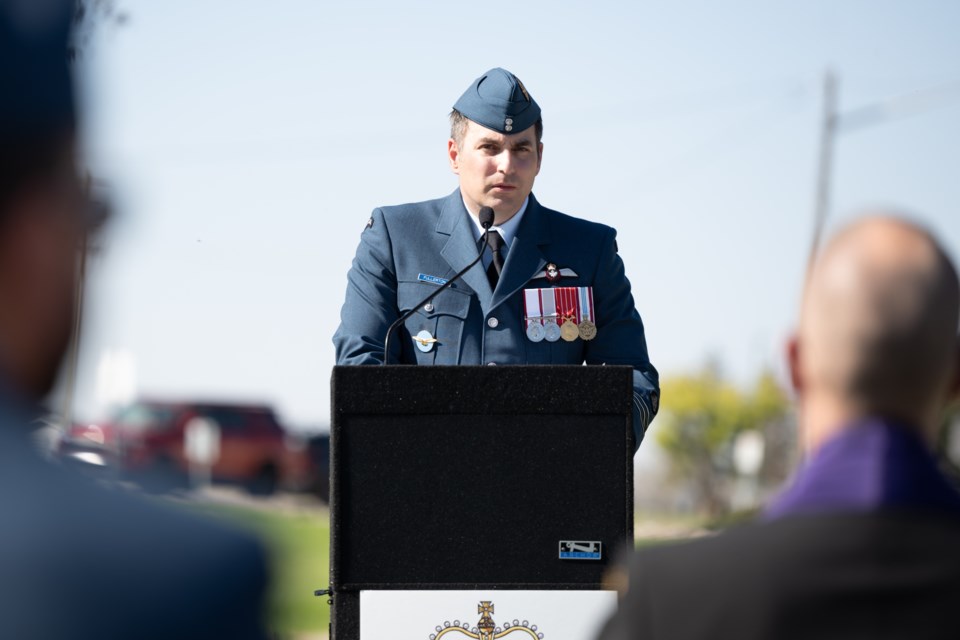 Acting 15 Wing Commander, Lt.-Col. Matthew Fullerton, speaks to Royal Canadian Air Force members, friends, and family at the Battle of Britain ceremony. Photo by 15 Wing Imaging, (Moose Jaw)