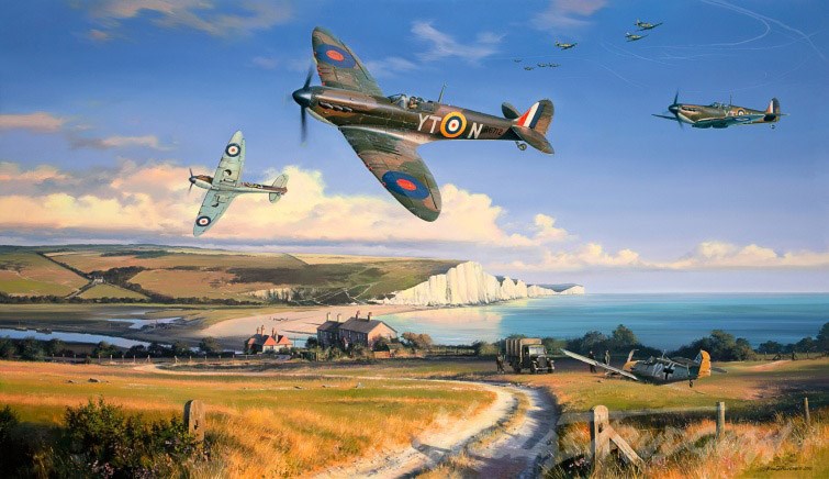 A painting of Canadian Spitfires flying over the Cliffs of Dover in England during the Battle of Britain in 1940. Photo courtesy Royal Canadian Air Force