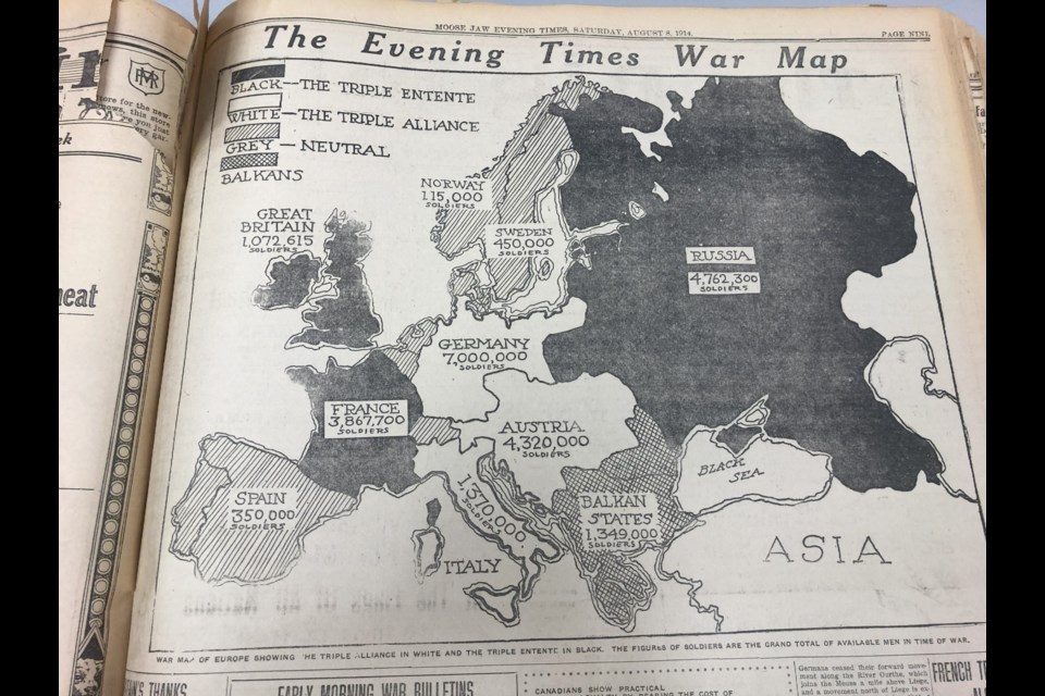 A map from the Aug. 8, 1914, edition of the Evening Times shows which countries in Europe were allies or enemies. Photo courtesy Moose Jaw Public Library archives 