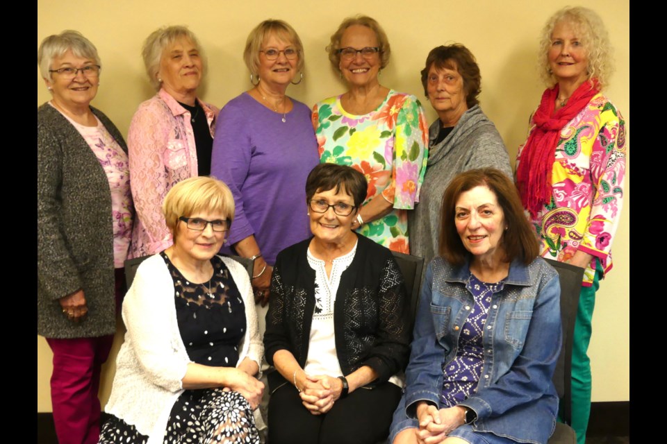 Nine former Sion Academy students met earlier this month for their traditional five-year reunion. Left to right, back row: Barbara Anne (Burgess) Mills, Fairlie (Cline) Coates, Margaret (Kieth) Ripley, Joan (Dinzey) Murphy, Sandra (Forsyth) Waldie, and Chris Meyer. Left to right, front row: Joyce (Bastien) Hielman, Sally Dubin, and Joan (Williams) Carbonell.