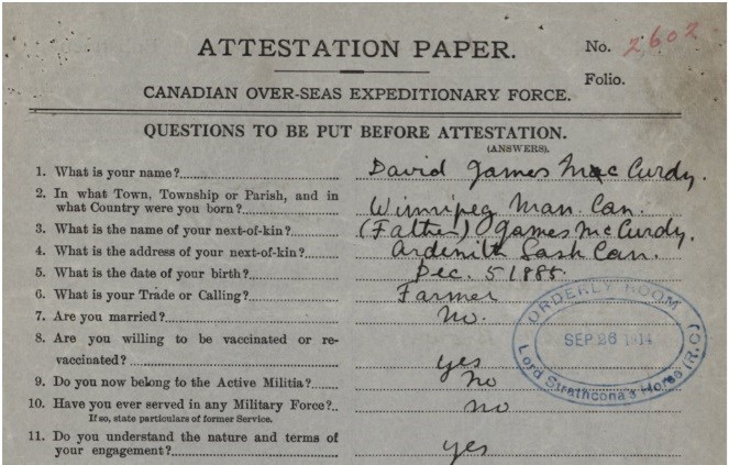 David James McCurdy's attestation paper from the First World War. Photo courtesy Kevin Gordon