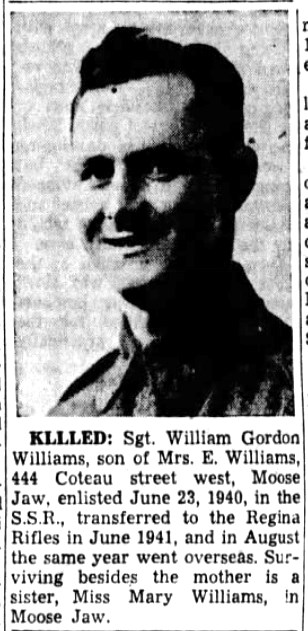 An obituary for William Gordon Williams, a Moose Jaw man killed in action during the D-Day landings on Juno Beach on June 6, 1944. Photo submitted