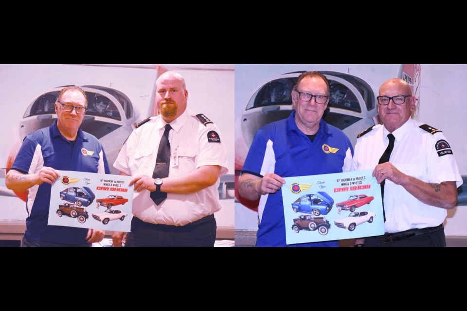 Robb Nesbitt, a member of the Fellowship (left in both pictures), presents a cheque to St. John Ambulance, which is represented by Cody Geiger and Tony Sugarman. Photo by Jason G. Antonio