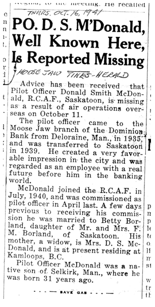 The Death of Pilot Officer Donald S. McDonald, RCAF - MooseJawToday.com
