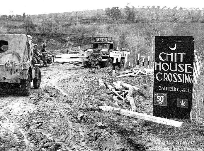 Taken at the Moro River (1943) during an earlier battle. The crossing was built by the 3rd Field Company of the Royal Canadian Engineers. (DND Photo)