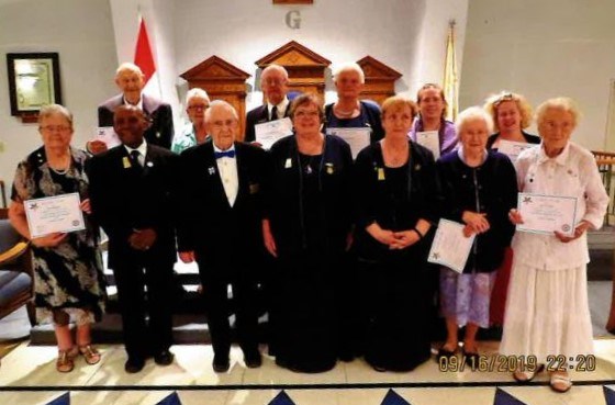 From left to right. Back: Lorne Tilson (50 years); Judy Tilson (50 years); Tim Smith (new member); Barbara Webb (60 years); Amy Moffatt (new member); Gillian Moffatt (new member). Front: Fran Glascock (60 years); Gordon Yarde (WGP); Vern Mittelholtz (Worthy Patron, Mizpah #1); Sue Butz (Worthy Matron, Mizpah #1); Cheryl Rann (WGM); Wynona Hamre (70 years); Greta Smith (65 years). Submitted photo