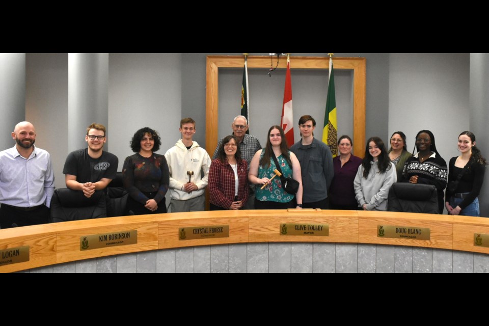 Members of the Youth Advisory Committee. Left to right: Coun. Derek Blais, Austin Kretsch (CCI), Neyva Abbasi, Drew Biette (CCS), Coun. Crystal Froese, Lyle Johnson, Avery Surtees (AEP), Micky Peebles (AEP), a member of the committee, Emma LeClair (VCI), Natasha Oegema, Momore Afolabi (AEP), and Mateah Purdy.