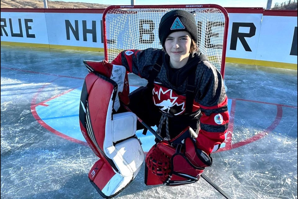 Dakota Kuntz’ son, Trip Kuntz (pictured), now plays as a goalie for the U15 AA Moose Jaw Warriors.