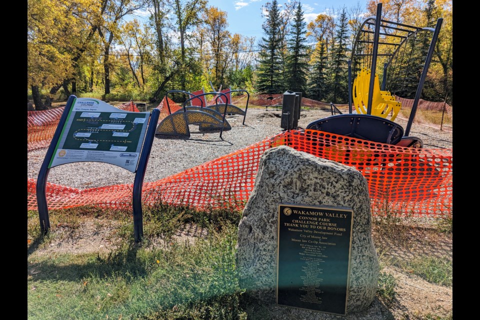 The Connor Park Challenge Course has been fenced off since a vehicle rolled through it in Oct. 2020 (photo by Gordon Edgar, Sep. 2023)