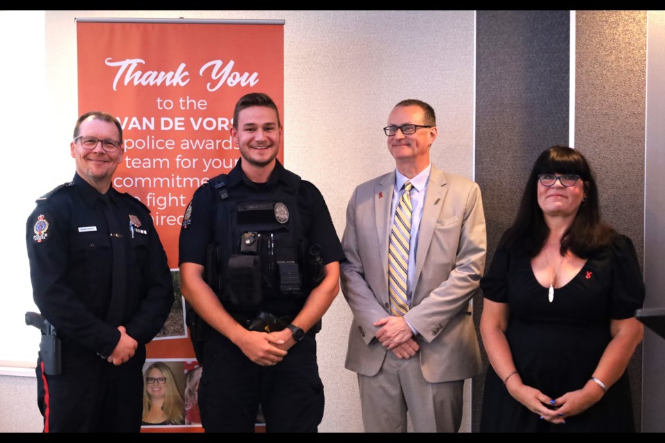 Const. Payton Denet with the Moose Jaw Police Service (second from left) receives a Van de Vorst Family Award during a ceremony on Sept. 24. Photo submitted