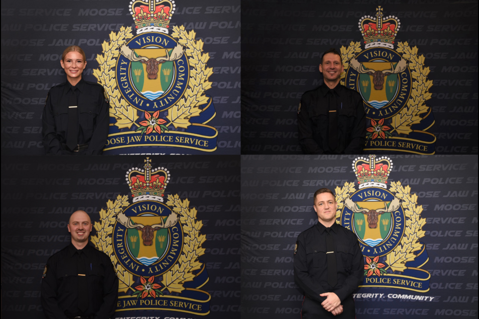 Cst. Jayme Hoffman (top left), Cst. Dan Chamberlain (top right), Cst. Jesse Seida (bottom left) and Cst. Jared Brin are the newest recruits to the Moose Jaw Police Service.