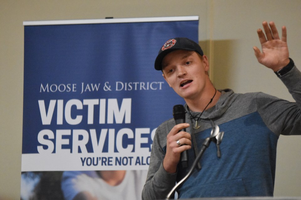 Whitewood resident Zachary Miller speaks at the Victims and Survivors of Crime Week luncheon at the Heritage Inn. Miller was kidnapped at age 10 and sexually abused. Photo by Jason G. Antonio 