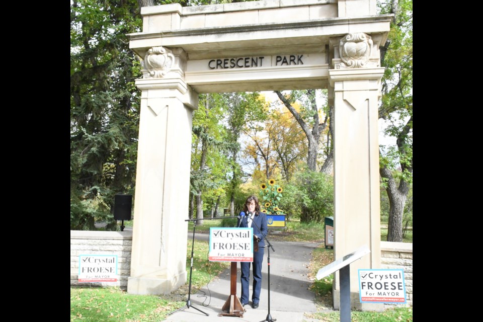 Coun. Crystal Froese announced her intent to run for mayor while standing in front of the southwest entrance to Crescent Park. Photo by Jason G. Antonio