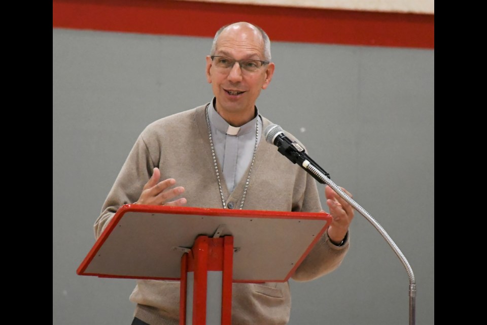 Roman Catholic Archbishop Don Bolen speaks to students at Vanier Collegiate on June 2. Photo by Jason G. Antonio 