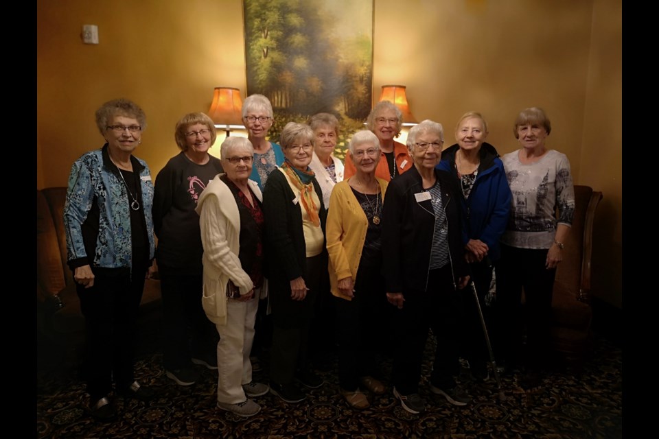 Far left: Ann McNally. Back row, left to right: Arlene Clark; Vivian Savage; Louise McDougall; Betty Wilder; Carolyn Cunanan; Mavis Jacob; Isabel Wenarchuk (missing).  Front row, left to right: Marg Knapik; Kathleen Froese; Elaine Dutchak; Helene Rogowski. 