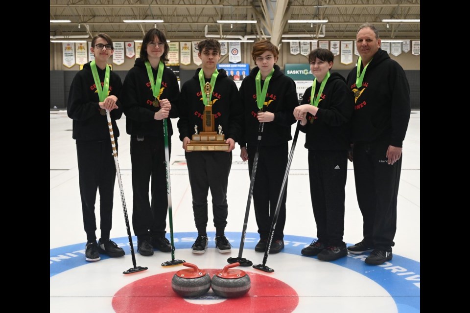 City High School Boys Champions Central Collegiate (left to right) Skip Lane Burnham, Third Dante Cornea, Second Kai Gauthier, Lead Bradley Murrell, Lead Ryan Kennedy and Coach Arnold Cornea