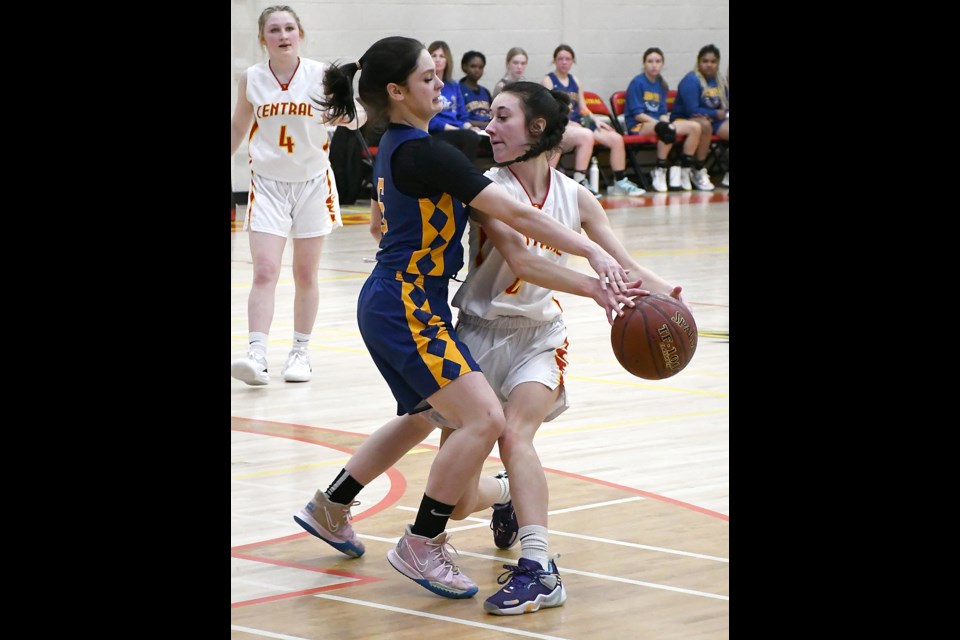 Central’s Keana Maclachlan battles a North Battleford defender during their regional final.