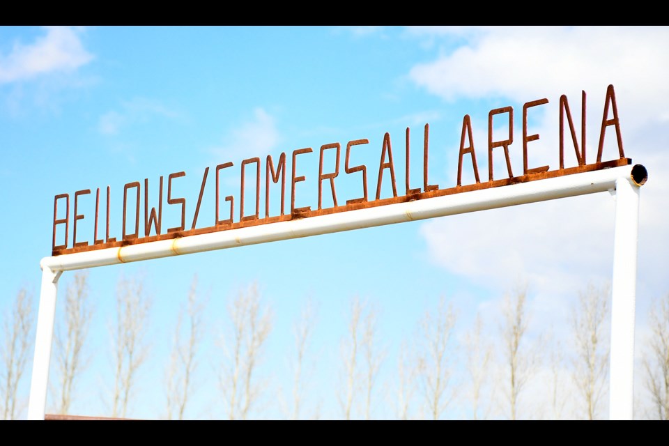 The sign at the entrance to the Bellows / Gomersall Arena at the Moose Jaw Exhibition Grounds.