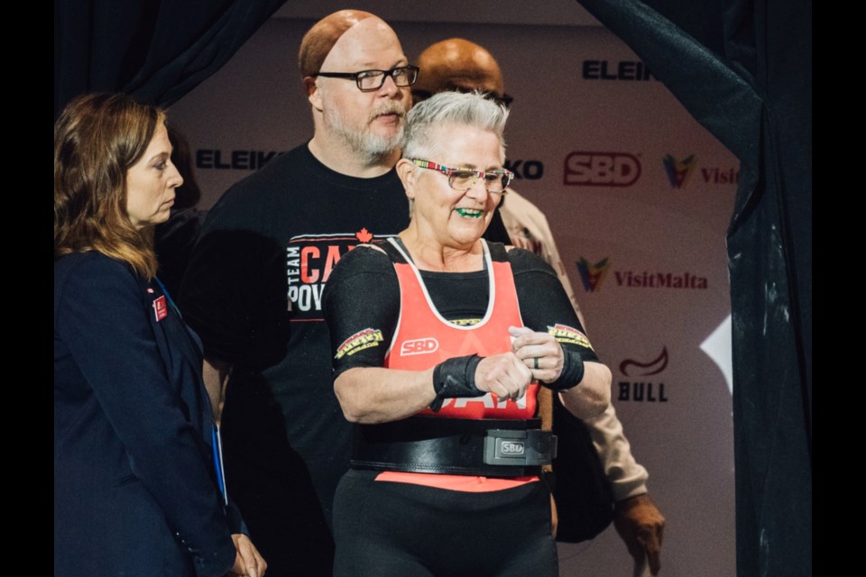 Moose Jaw’s Mava Brydges prepares for one of her lifts during the IPF Masters Equipped Bench Press Championship in Austin, Tex. recently.