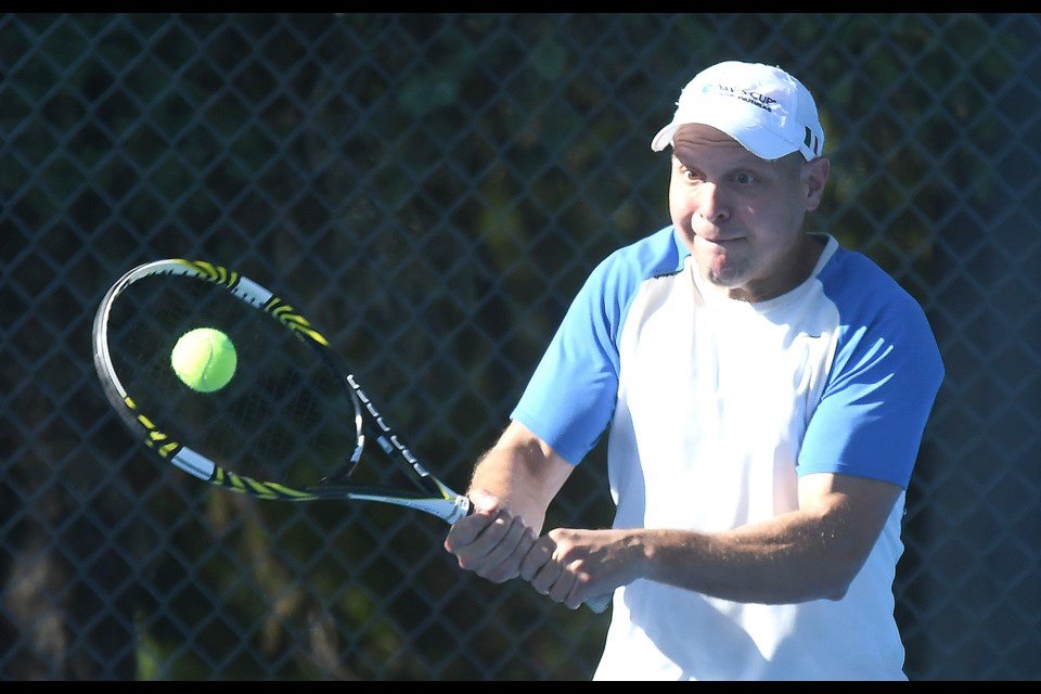 Action from the Tennis Sask Provincial Senior Open tournament held at the Moose Jaw Tennis Club during the July 14 weekend.