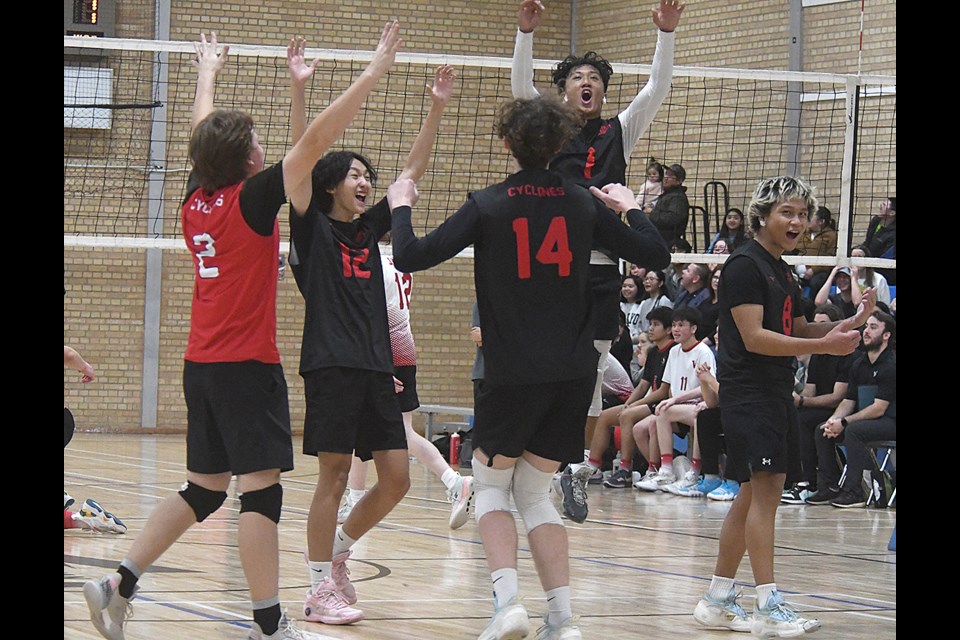 Action from the MJHSAA senior boys volleyball final between the Central Cyclones and Vanier Vikings on Wednesday night.