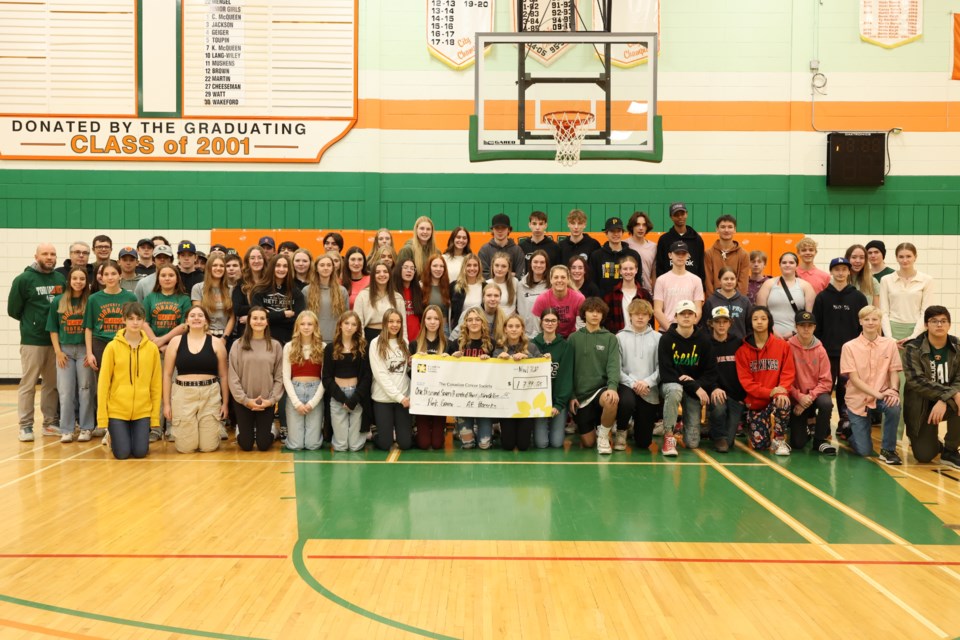 Peacock students gather around with their teachers for a group photograph

