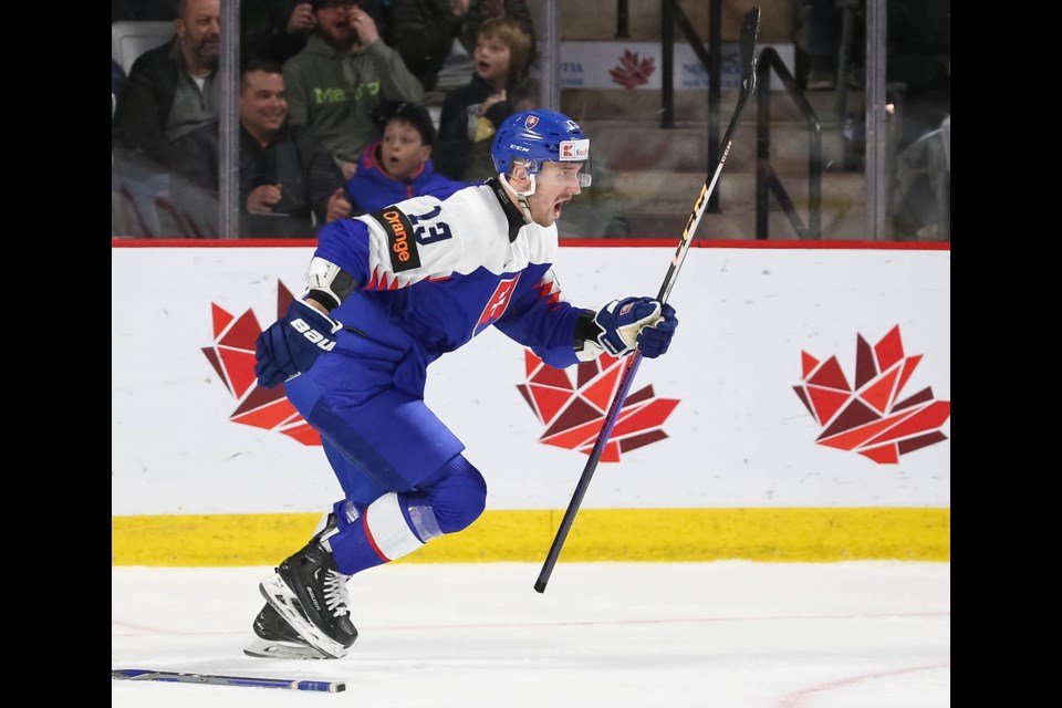 Moose Jaw Warriors forward Robert Baco celebrates after Slovakia scored the go-ahead goal against the United States. 