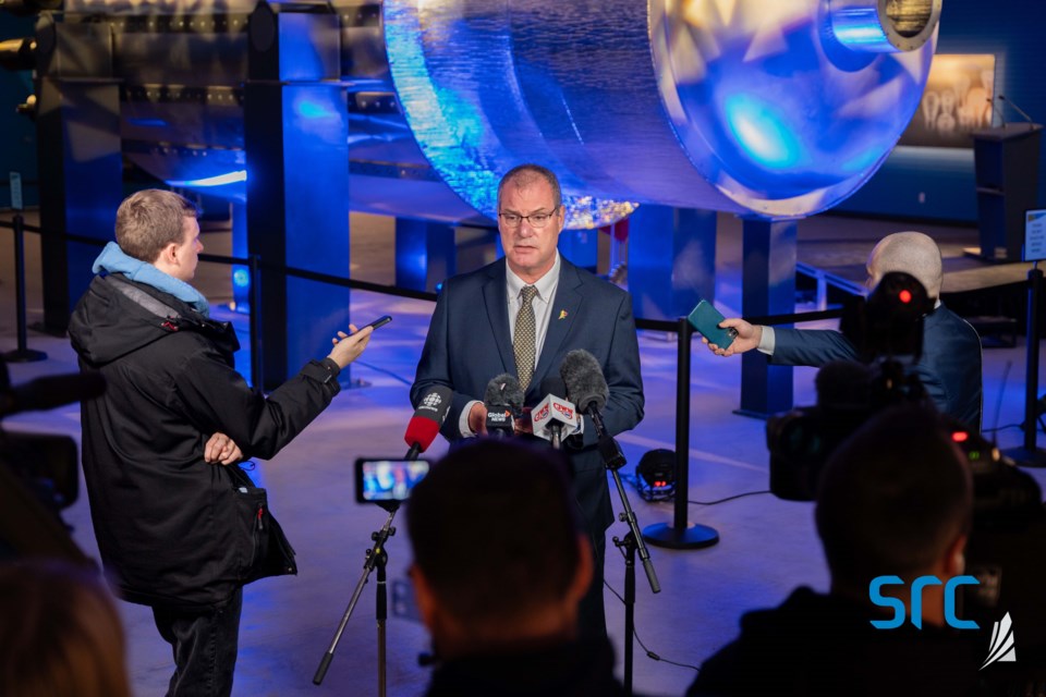 Mike Crabtree, president and CEO of the SRC, answers questions during a media scrum on Nov. 27, 2023