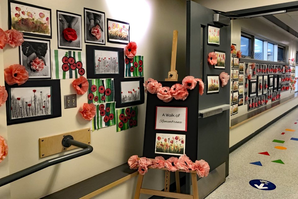 The student Remembrance Day art in the pedway by Ecole John Wilson Elementary School. This was a project created by more than 450 kindergarten to Grade 4 students to honour the valour and sacrifice of Canadian veterans. Submitted photo.