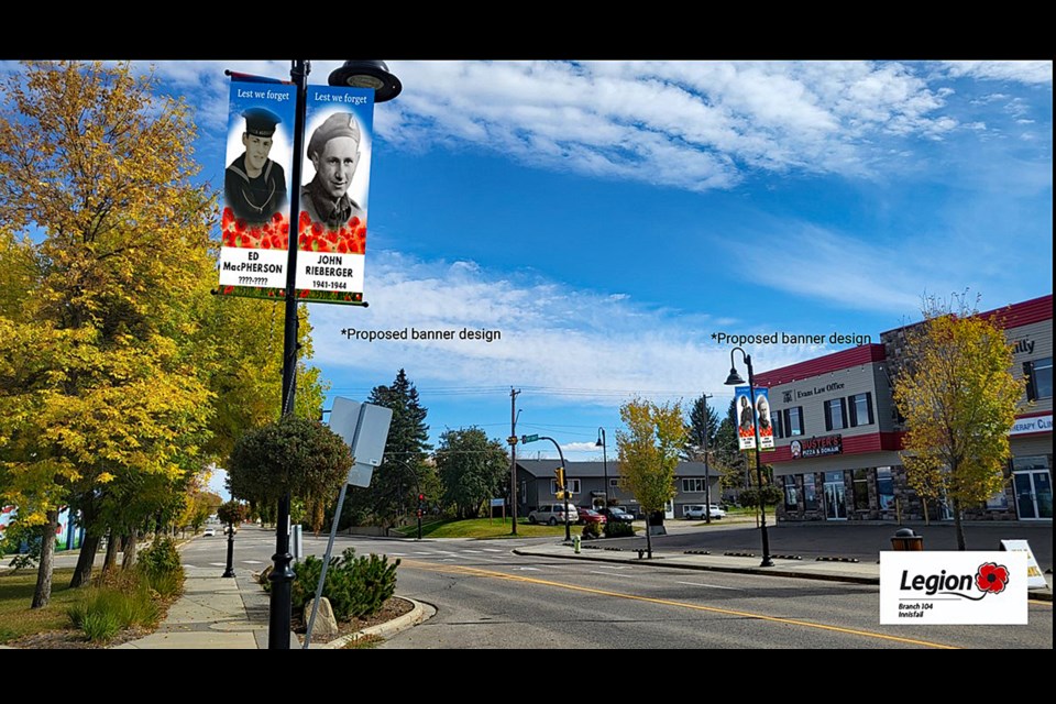 A graphic artist rendering to show what Innisfail's downtown streets will look like with street light banners under the new Veteran Banner Program. Submitted photo