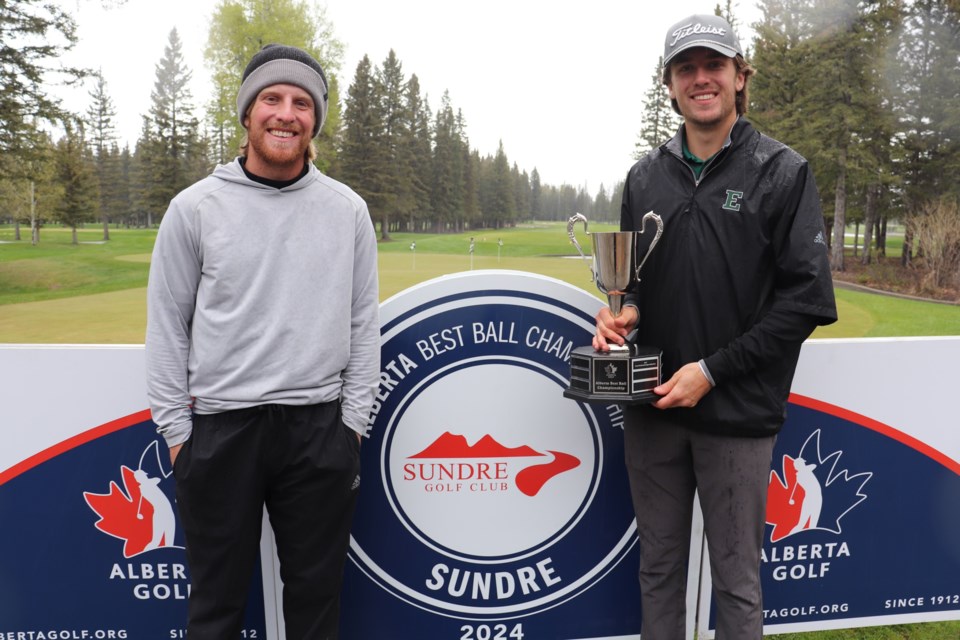 The winners of Alberta Golf’s 2024 Best Ball Championship, which was hosted on May 20 at the Sundre Golf Club, were Red Deer brothers Carter Graf, left, and Logan Graf. Courtesy of Alberta Golf