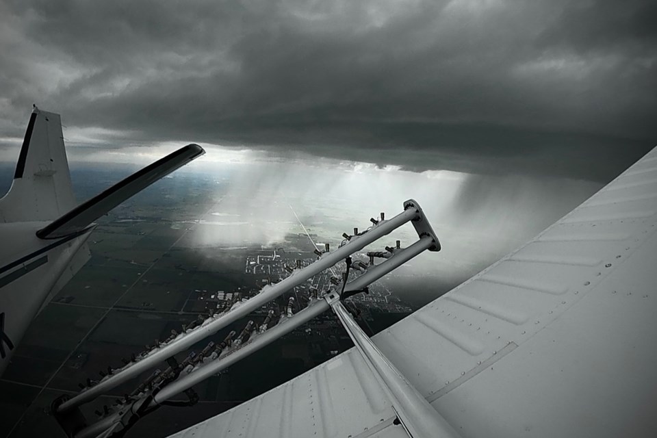 A small aircraft operated by Weather Modification International in action in the skies above and around Olds this past June during the 2024 Alberta Hail Suppression Project. Although cloud seeding does not outright prevent hail from forming, the intent is to reduce the size of hailstones and thereby subsequently mitigating the amount of damage caused on the ground. Previously run by the provincial government, insurance companies have for almost three decades footed the bill. 
Photo courtesy of Andrew Brice