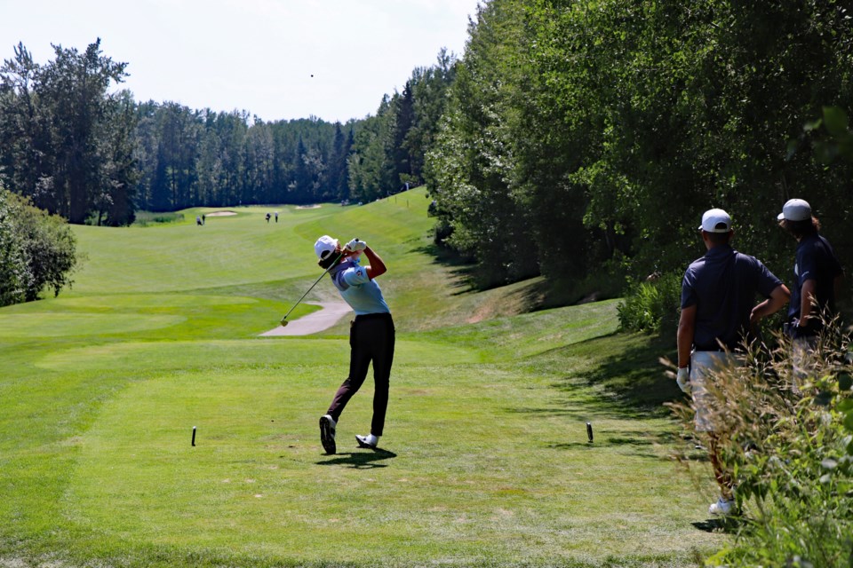 Teeing off at Spruce 5 during the second round of the 54-hole Alberta Men’s Amateur Championship. The Innisfail Golf Club's grounds crew worked almost double shifts getting the course fully prepared for the prestigious event from July 4 to 6. Johnnie Bachusky/MVP Staff