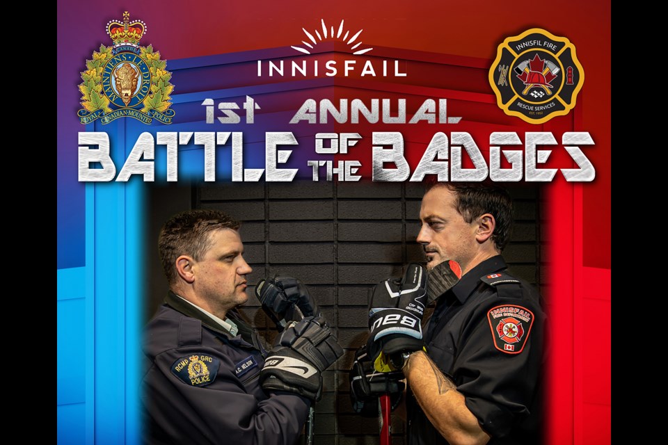 The 1st Annual Battle of the Badges Charity Hockey Game between the Innisfail RCMP and the Innisfail Fire Department is tonight (Jan. 6) at the Innisfail Twin Arena. 
Graphic by Elevate UAV