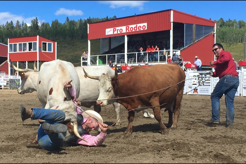 Chad Smith, left, finds himself in quite the conundrum on Sunday, Aug. 28 during the wild cow milking event at the final performances of the 2022 edition of Broncs, Bulls and Wagons, at the Sundre Rodeo Grounds, while his teammate Ryan Kruger cannot help but to find humour in the unfolding scene.
Simon Ducatel/MVP Staff