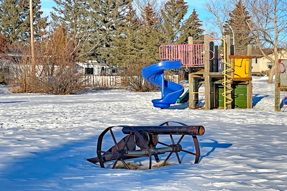 Innisfail's Cannon Park earlier this month with part of its old and worn playground. The town is moving ahead with a replacement accessible facility at a maximum cost of $150,000. Johnnie Bachusky/MVP Staff