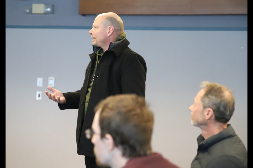 Westview Apartments Condominiums resident Ed Furst makes his case to the Regional Subdivision Development Appeal Board as fellow condo residents Ed Wiebe and Payton look on.
Doug Collie/MVP Staff