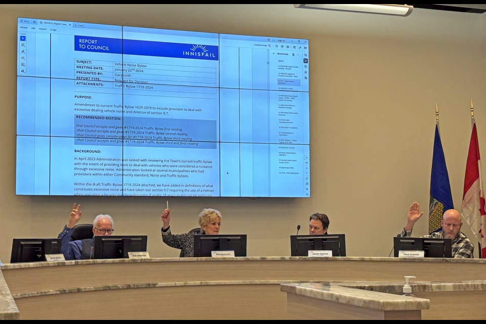 Innisfail council voted 6 - 1 in favour of the first two readings of a proposed amendment to the town's Traffic Bylaw that would enforce noisy vehicles in the community. Coun. Jason Heistad, second from right, opposed both readings. Third and final reading will be in February. Johnnie Bachusky/MVP Staff