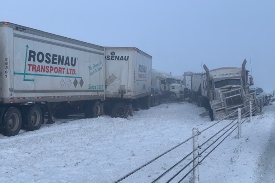 Highway 2 in the southbound lanes, south of the Olds overpass, with multiple semi trucks jackknifed Dec. 15.
Photo courtesy of RCMP 