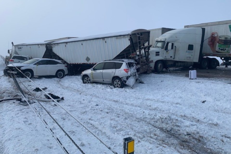 Numerous semis and other vehicles have collided near the Highway 2 and Highway 27 overpass on Friday, Dec. 15.
Photo courtesy of RCMP