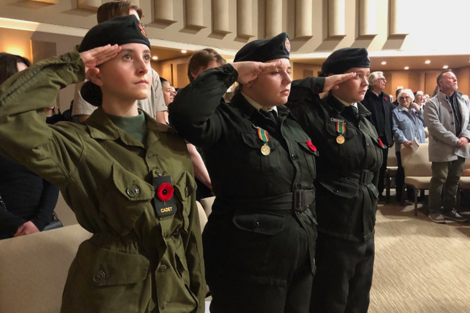 Army cadets salute during the Didsbury Remembrance Day ceremony.