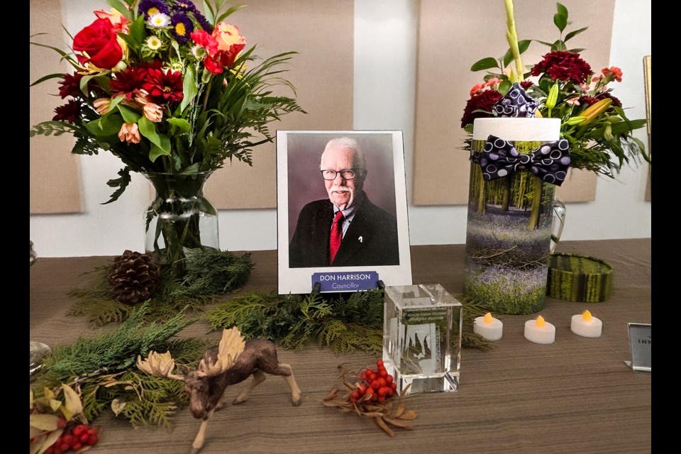 A memorial table was set up for the late Don Harrison at his Celebration of Life held Nov. 13 at the Innisfail Library/Learning Centre. His trusted moose to inspire others is in front. Johnnie Bachusky/MVP Staff