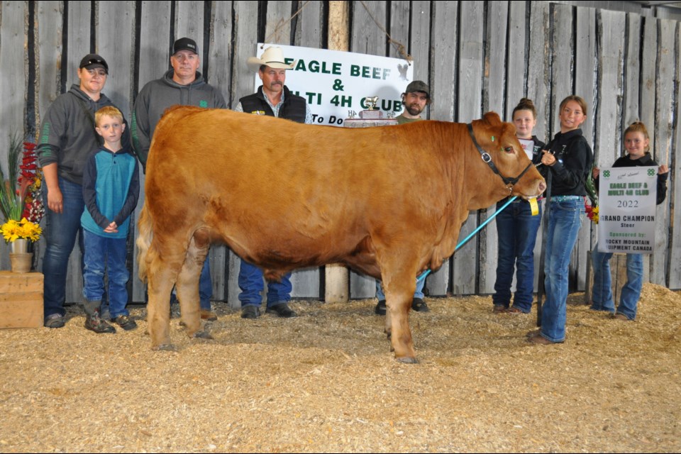 Grand champion steer winner Hayley Pipke, second from right, holds her prizing winning animal, as club members, sponsors and judge Stan Skeels (with cowboy hat) show their support. The steer was purchased By Kolb's Fine Meats & Sausage. The steer weighed 1,445 pounds and sold for $4.60 a pound.
Submitted photo